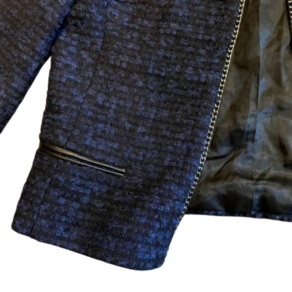 Sandro Paris Wool & Leather Blue Marine Black Knit Jacket w/ Chain Size 36 /US 4 - Picture 3 of 8